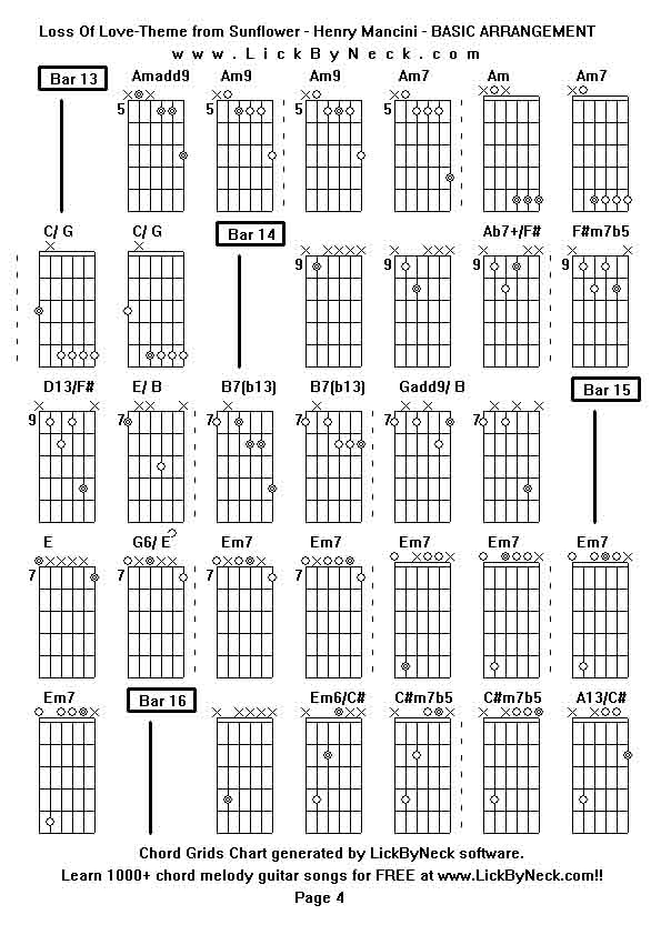 Chord Grids Chart of chord melody fingerstyle guitar song-Loss Of Love-Theme from Sunflower - Henry Mancini - BASIC ARRANGEMENT,generated by LickByNeck software.